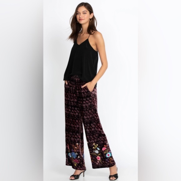 NWT JOHNNY WAS Pink/Blk Crushed Velvet Wide Leg Pants with Embroidery SzS - Picture 1 of 14